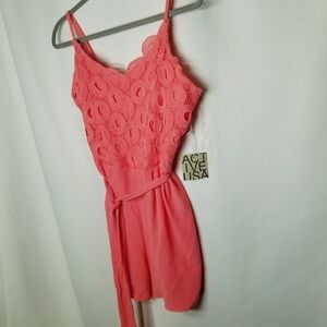 Active USA NWT Salmon Pink Romper Lace Belted Tie Waist Zipper Back Sleeveless L